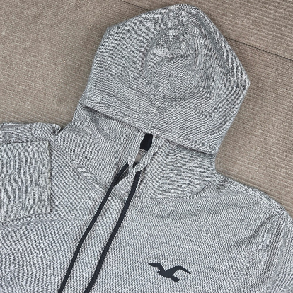 Hollister Mens XL Grey Heathered Graphic Sleeve Curved Hem Hooded Tee